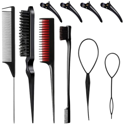 10 PCS Hair Tail Tools Set with 2 Pcs French Braid Tool Loop Hair Loop Tool 4 Pcs Edge Brushes Hair Styling Comb 4 Duckbill Clips for Women Girls