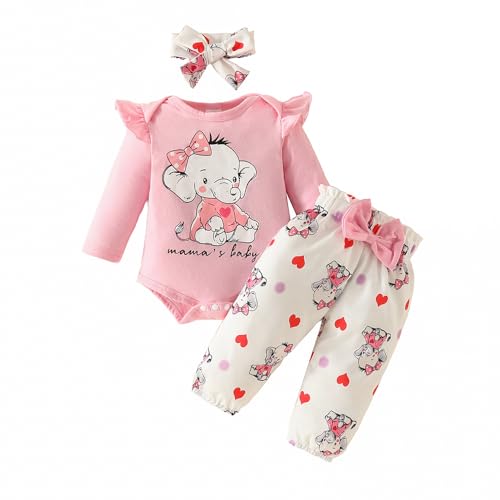 xuntao Bebé Niña Conjuntos Recién Nacido Manga Larga Ruffle Romper Top Floral Pantalones Largos Diadema 3Pcs Ropa Set Toddler Jumpsuit Bodysuit Rosa 12-18 Meses