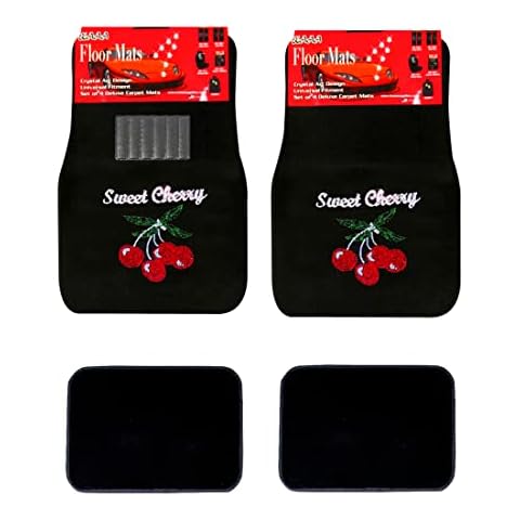 ALLBrand Universal Fit FrontRear 4-Piece Full Set Crystal Bling Rhinestone Design Studded Carpet Car SUV Truck Floor Mats (Sweet Cherry-Black), Medium, KAM Cover