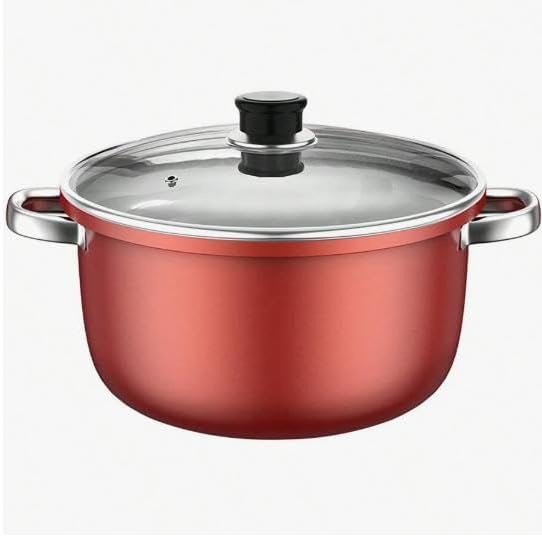 赤いアルミ製両手鍋 ガラス蓋付き