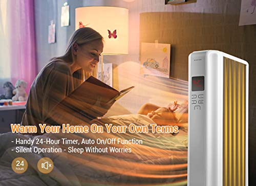 Space Heater, 1500W Oil Filled Radiator Heaters Indoor Portable Electric with Remote, Built-in 24-Hrs Auto On/Off Timer, Digital Thermostat, ECO Mode, Safe and Quiet Heater for Home Office Use, Black - Thumbnail 5
