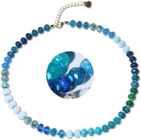 Beaded Gemstone Necklace for Women,Colorful Boho Bead Choker Natural Stones Beach Necklaces 14K Gold Plated Summer Handmade Jewelry,16