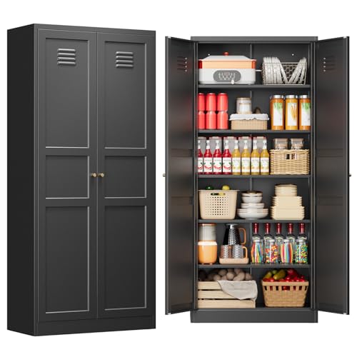 71" Tall Kitchen Pantry Storage Cabinet with 2 Doors and 5 Adjustable Shelve, Metal Black Food Pantry Cabinet, Kitchen Cabinet Storage Unit,6 Tier Freestanding Cupboard for Kitchen Dining/Living Room