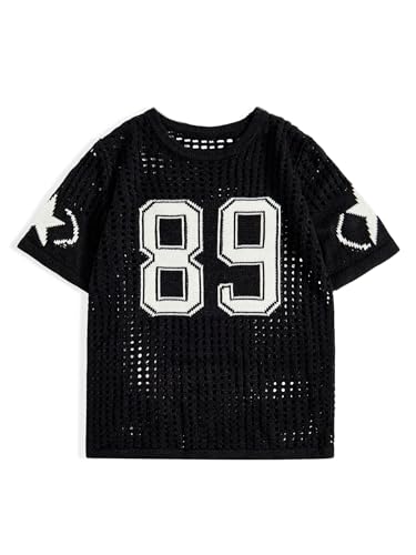 SEGT Women's Jersey Shirts Number Letter Graphic Sweater Hollow Out Crochet Jersey Tee Sweater Short Sleeve Knit T Shirts