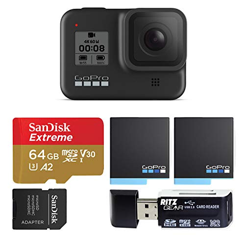 GoPro HERO8 Black Waterproof Action Camera with Touch Screen 4K Ultra HD Video 12MP Photos 1080p Live with Accessoy Bundle + 2 Extra USA Batteries Total 3 + Sandisk 64GB MicroSD U3 + Ritz Reader