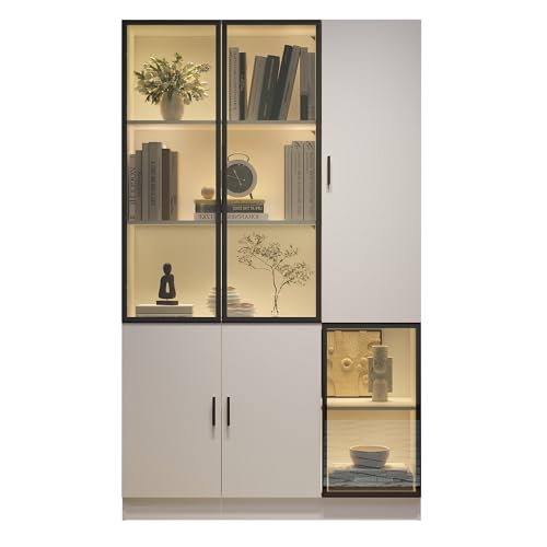 KecDuey Vetrina moderna in vetro con LED, armadio alto bianco, legno e alluminio, 120 x 35 x 200 cm, 3 ante in vetro, per soggiorno, camera da letto, ufficio