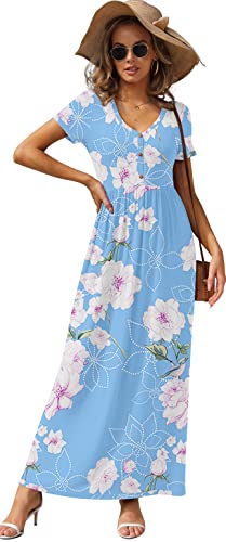 Image of GRECERELLE Womens Summer Long Maxi Dresses 2026 Short Sleeve V Neck Casual Button Dress with Pockets