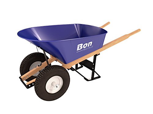 Bon Tool 11 676 Premium Contractor Grade Steel Double Wheel Wheelbarrow with Wood Hande and Knobby Tire, 6 Cubic Feet