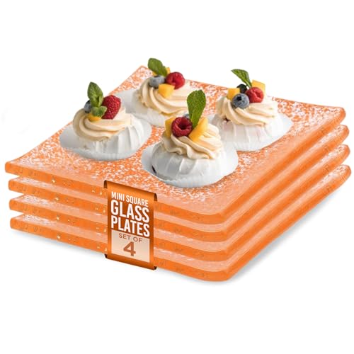 IMPULSE! Splendido Mini Square Glass Plates (Orange) Set of 4- Elegant Functional Plates Perfect for Small Bites, Serving, Mini Desserts, Dips, or Candies- 3.15