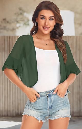 Image of Women's Cardigan Bolero Shrug Ruffle Short Sleeve Open Front Loose Sheer Jackets for Tops(Dark Green,XL)