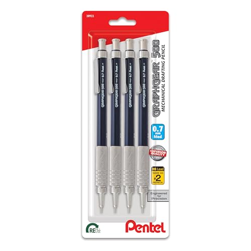 Pentel GraphGear 500 Mechanical Drafting Pencil, (0.7mm), Medium Line, Blue Barrel, Pack of 4 (PG527BP4C)