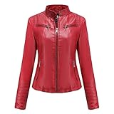 Dninmim Women's Slim Fit Zipper Jacket Spring Stand Collar Motorcycle Faux Leather Jacket Outer Wear Red China M