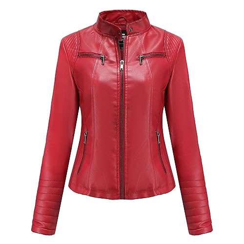 Veste de moto femme en cuir PU rouge Dninmim manteau slim col montant contre le vent L