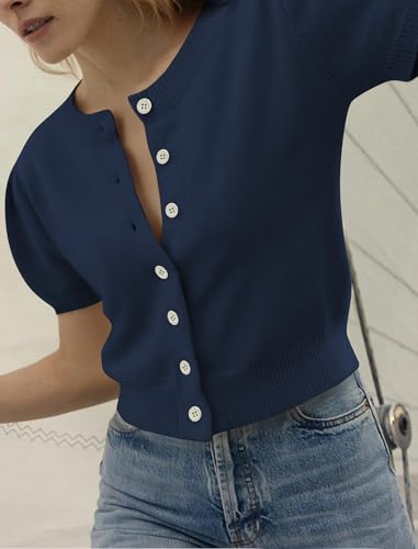 Image of Womens Puff Short Sleeve Cardigan Sweaters Cropped Button up Lightweight Y2k Knit Summer Cardigans