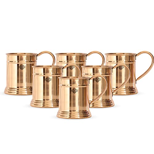 Image of INDIAN ART VILLA Pure Copper Tankard Shaped Mirror Line Design Moscow Mule Beer Mug Cup, Best for Beer Cocktail Parties, Barware, Volume-600ML, Set of 6