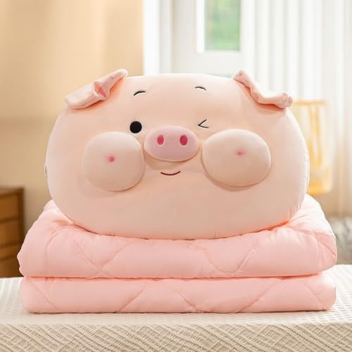 MCMUZKZS Children Pillow Blanket Pig Cushion Kids Pillow Quilt Soft Velvet and Cotton Suitable for Resting at Home Office s car Rides, Large Pillow 50x40x20cm, Blanket 180x150cm, Round-Eyed Pig — view 3