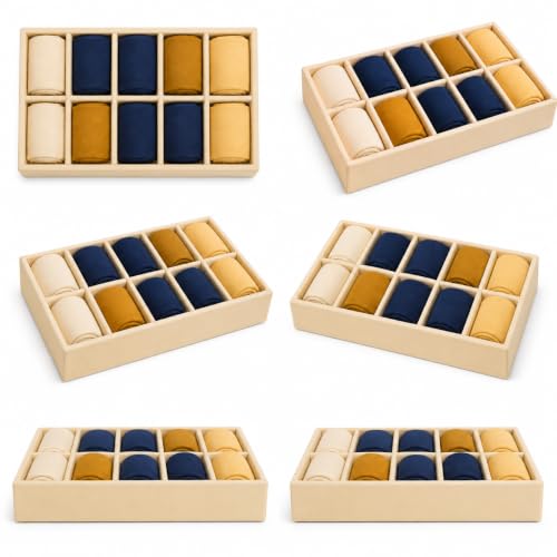 Image of 10 Slot Drawer Organizer Tray for Socks and Ties, Cream | Foldable closet storage tray with dividers for ties, belts, underwear, scarves and small wardrobe accessories arranged neatly