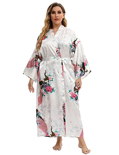 Image of Women's Floral Long Satin Robes Plus Size Long Silk Robes Peacock Floral Kimonos Sleepwear Dressing Gown