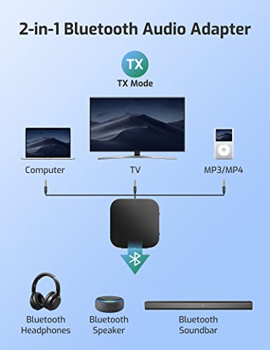 Bluetooth 5.0 Transmitter and Receiver, Wireless 3.5mm Audio Adapter (aptX Low Latency, Pair 2 at Once, for TV/Projector/Headphones, Volume Control, AUX/RCA)