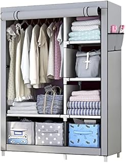 SMILOVII Fabric Wardrobes, Portable Canvas Wardrobe Clothes Storage Organiser, Foldable Closet Cupboard Unit, Fabric Wardrobes Shelves with Hanging Rail for Bedroom Living Room, Grey
