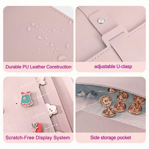 Image of Enamel Pin Display Book - 4 Page Leather Travel Organizer for Collectors, Portable Lapel Pin Holder with Secure Storage, Compact Pin Trading Book (Pink)