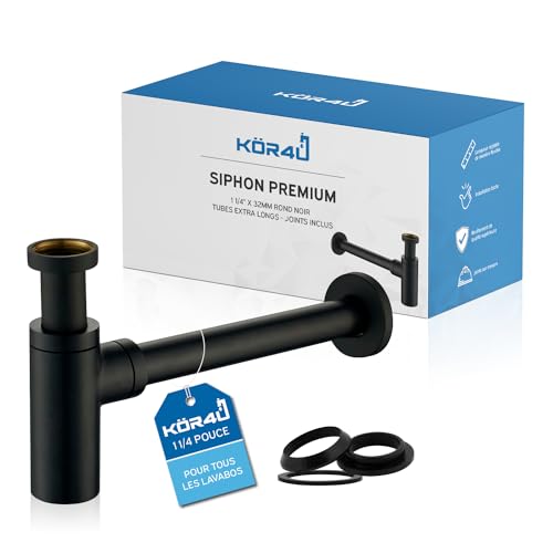 kör4u Siphon de Design Premium 1 1/4 Pouces x 32 mm, Noir Mat, Forme carrée, incluant Les Joints d'étanchéité, piège à odeurs pour évier, piège à odeurs pour Tuyau, pour lavabo