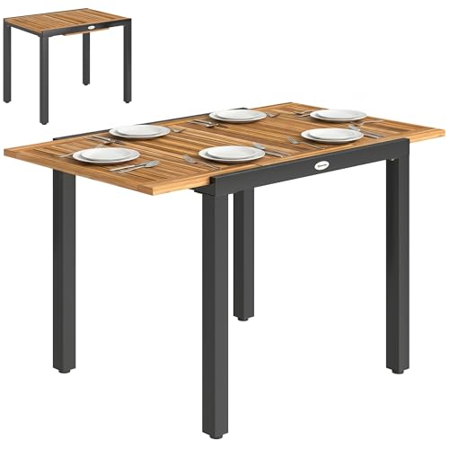 Outsunny Mesa de Jardín Extensible 120/80x70 cm, Mesa de Comedor Exterior Extensible Rectangular con Estructura de Acero y Tablero de Madera de Acacia, para 4 6 Personas, para Patio, Terraza, Natural