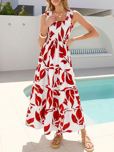 Image of Caracilia Womens Summer Maxi Dresses Floral Smocked Sleeveless Ruffle Boho Casual Flowy Aline Beach Vacation Long Sundress