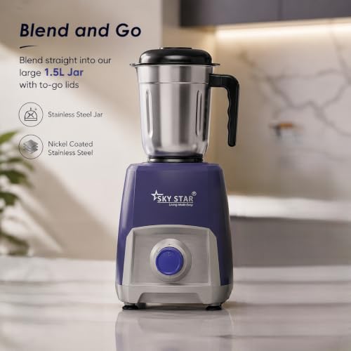 Image of Skystar Mixer Grinder Navystrom Powerful 750W Mixer For Kitchen With 4 Jars for Smoothie & Blending, Chutney Jar & Liquidizing Jar used as Wet Grinder & Blender 2 Years Warranty (Blue & Grey)