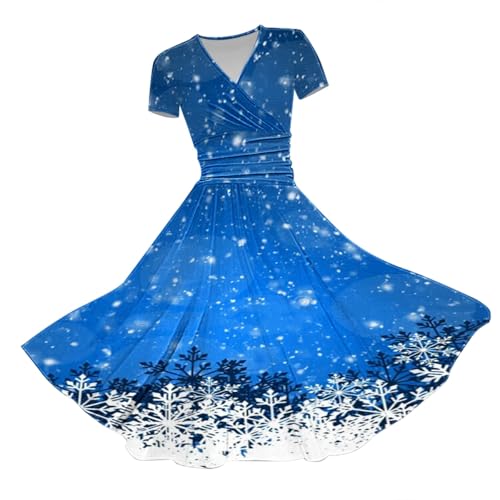 Weihnachtskleid für Damen, bedruckt, V-Ausschnitt, kurzärmelig, lässig, elegant, für draußen, Zuhause, Party, Weihnachtsgeschenk, blau, M