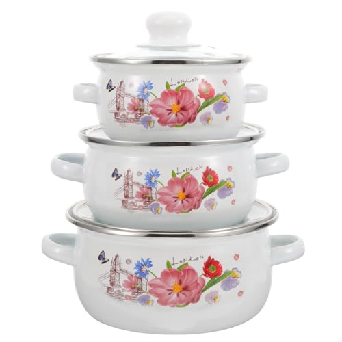 CLISPEED Set de 3 Cacerolas Esmaltadas para Guisos Tapa, Diseño Vintage, Resistentes al Calor y Desgaste, Asas Dobles para Cocina Casera Estilo Aleatorio