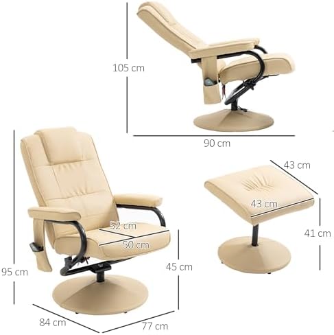 Bild 2 - HOMCOM Relaxsessel mit Hocker, 360°drehbarer Fernsehsessel mit Massage, Liegefunktion, Massagesessel mit Seitentasche, TV-Sessel aus Kunstleder für Wohnzimmer Creme