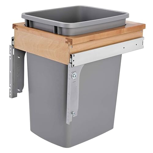 Rev-A-Shelf Single Pullout Trash Can w/Reduced Depth, 35 Qt Wood Top Mount Garbage Bin, 12