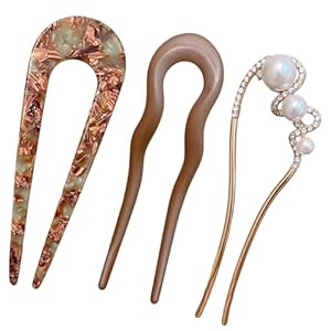 3PCS U Shape Hair Stick, Hair Pin for Women for Bun and Twist, Elegant Wooden Hairs Stick for Long Thick Hair, Matte Marble Pearl Rhinestone Hairs Accessory, Secure Comfortable U Pin