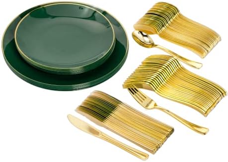 Trendables Disposable Plastic Plate Set with Cutlery Green For 40 Plastic Silverware Set Includes 40 Plastic Plate Plastic Dessert Plates Plastic Forks Plastic Spoons Plastic Knives Dessert Spoons