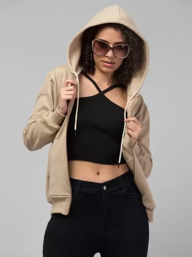 Image of Women's Solid Casual Zipper Cotton Relaxed Fit Sweatshirt for Winter