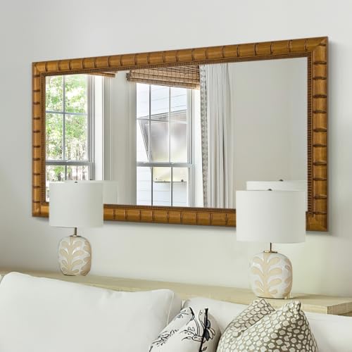 Image of Large Wall Decorative Mirror, 48'' x 24'' Antique Gold Mirror with Bamboo-Joint Design, Rectangular Warm Gold Mirrors for Bathroom, Entryway, Dining Room, Fireplace,Horizontal /Vertical
