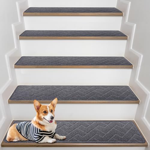 RIZENCE 15Pack Anti-Slip Stair Carpet Treads 76x20cm Stairs Runner Carpet Treads Reusable Stair Mats Self Adhesive Stair Protection Mats for Kids Elders Pets Machine Washable Cutting(Dark Grey)