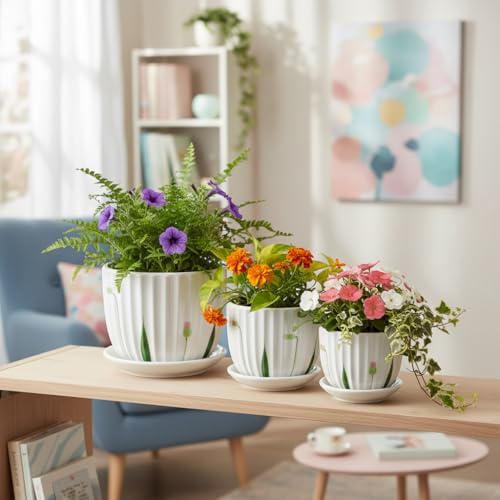 Image of XSTORE Xtore Elegant Ribbed Ceramic Planter Set of 3 with Drainage Tray - Modern Indoor Plant Pots for Home Decor, Succulents, Herbs & Desk Plants - (Pack of 3, Planters Only)