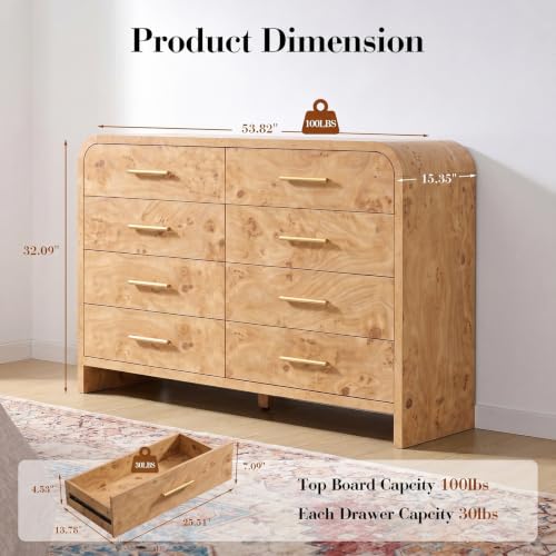 Image of Curved Drawer Dresser for Bedroom with 8 Drawers, 54'' Wide Chest of Drawer