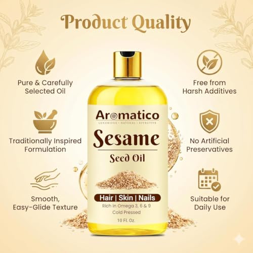 Image of AROMATICO Sesame Oil for Massage - Ayurvedic Warm Massage Oil with Cold Pressed Sesame for Muscle Relaxation & Daily Abhyanga | 300ml