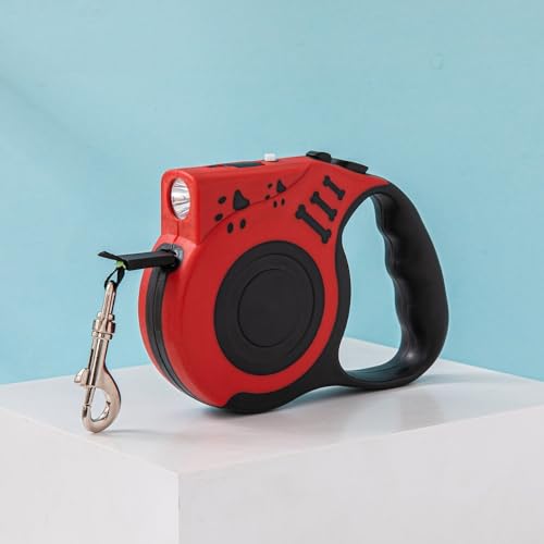 Tuyiutm 犬用リード、伸縮式、LEDライト付き、一時停止、骨型、犬の散歩用品、小型犬、中型犬、大型犬に最適、5メートル、伸縮式、長い、スムーズに巻き取れる、丈夫なナイロンベルト、防爆自動伸縮リード (レッド,USB)