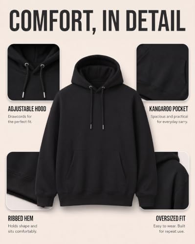 Image of NOBERO Oversized Solid Hooded Sweatshirt for Men | Oversized Hoodie for Men | Hooded Pullover | Cotton Rich Printed Hoodie 280 GSM Fleece