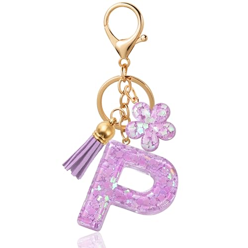 ANHBKAR Purple Flower Initial Keychain - Resin Letter P Bag Charm for Women, Girls (P-PURPLE)