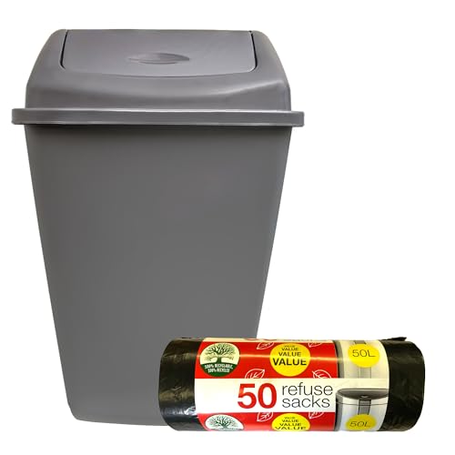 KMJ Large 50L Kitchen Bin With 50 Pack Bin Bags - Convenient & Durable Waste Bins with Swing Lid– Perfect Trash Bin for Kitchen, Office, Bathroom and Home– Space Saving Black Bins- Grey 1 Pack