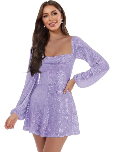 Quorivae Homecoming Dresses Lavender with Sleeves Sequin Ruched Square Neck