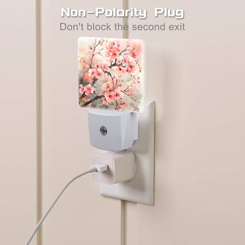 Image of Cherry Blossom Tree Night Light Plug into Wall,Pink Watercolor Cherry Blossom Flowers Dusk to Dawn Night Light Plug in,0.5w Energy Saving NightLight for Kids Boys Girls Home Decor
