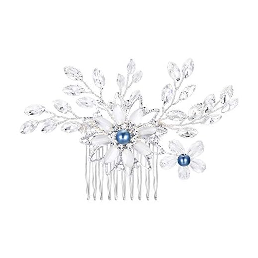 Clearine Peinetas de Dama y Mujer Accesorios para el Pelo Forma Flores Encaje con Perla Azul Cristal Precioso para Novia Boda Fiesta