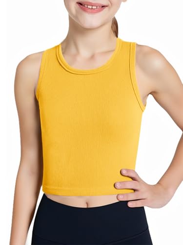 Haloumoning Girls Tank Tops Kids Athletic Ribbed Knit Sleeveless Crop Tops Basic Camisole 5-14 Years Yellow