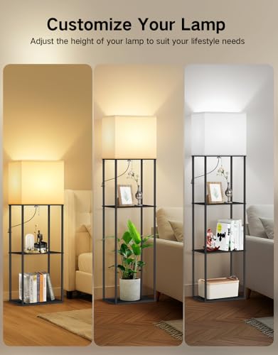 Image of OUTON Floor Lamp with Shelves, Modern Large Size Rectangle Standing Shelf Lamp with 3 Color Temperature Bulb, Storage Display Wood Column Tall Bookshelf Lamp for Living Room, Bedroom Office, Black
